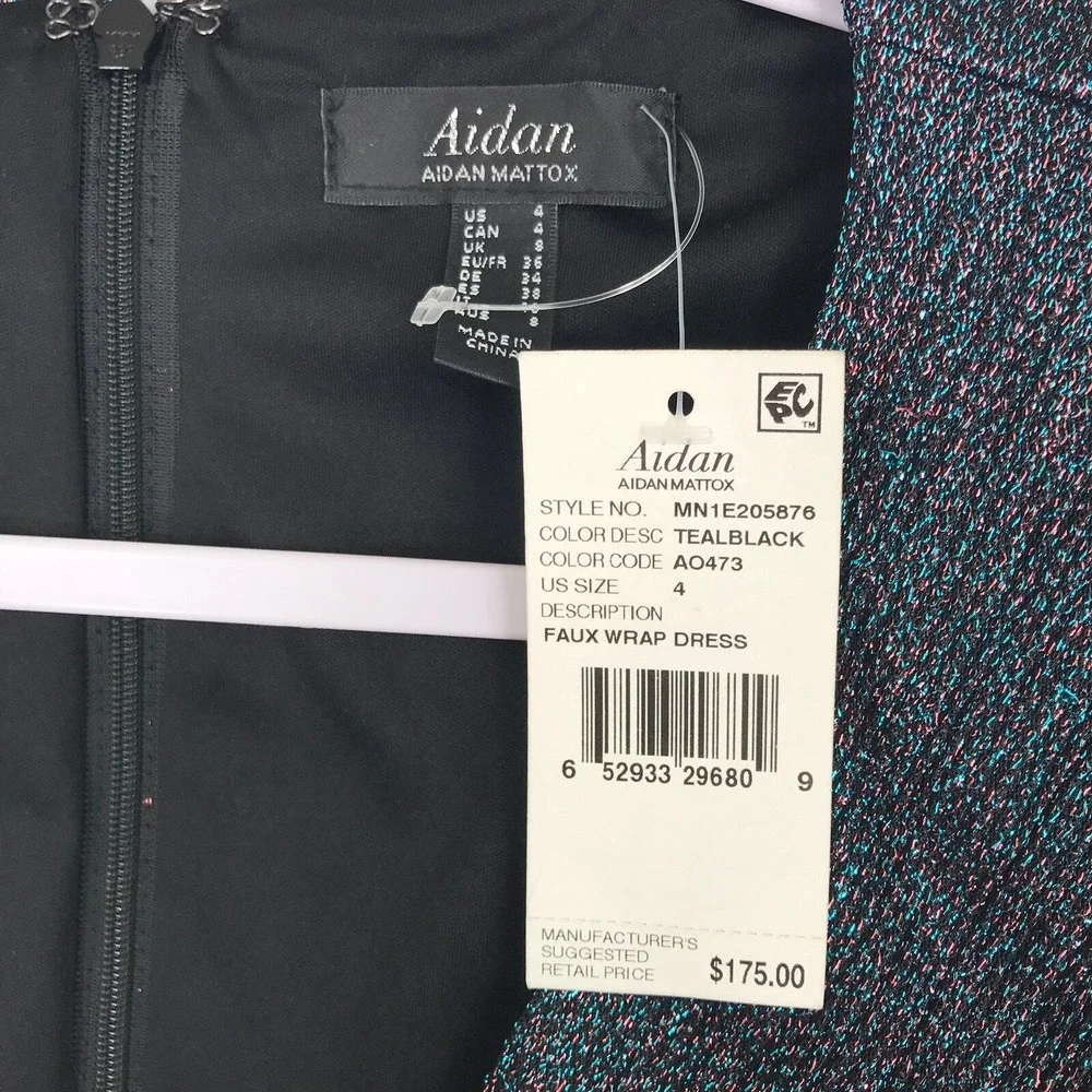Aidan Mattox Teal‎ Metallic Wrap Dress Size 4 Bow Shimmer Party NYE Holiday Glam - Picture 6 of 16